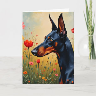 Doberman in a field of flowers card