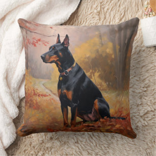 Doberman in Autumn Leaves Fall Inspire  Cushion