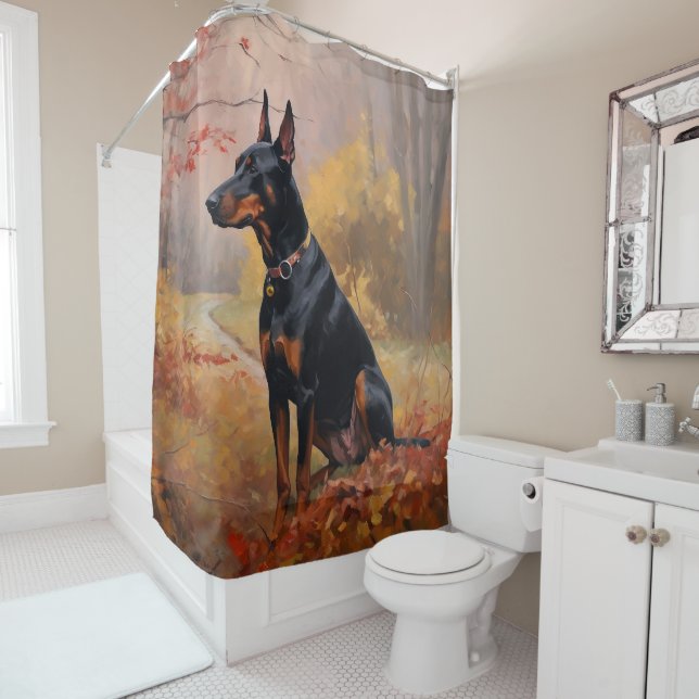 Doberman in Autumn Leaves Fall Inspire  Shower Curtain (In Situ)