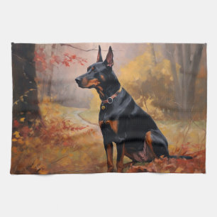 Doberman in Autumn Leaves Fall Inspire  Tea Towel