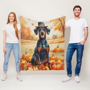 Doberman In Autumn Leaves Thanksgiving Art Fleece Blanket