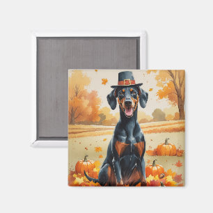 Doberman In Autumn Leaves Thanksgiving Art Magnet