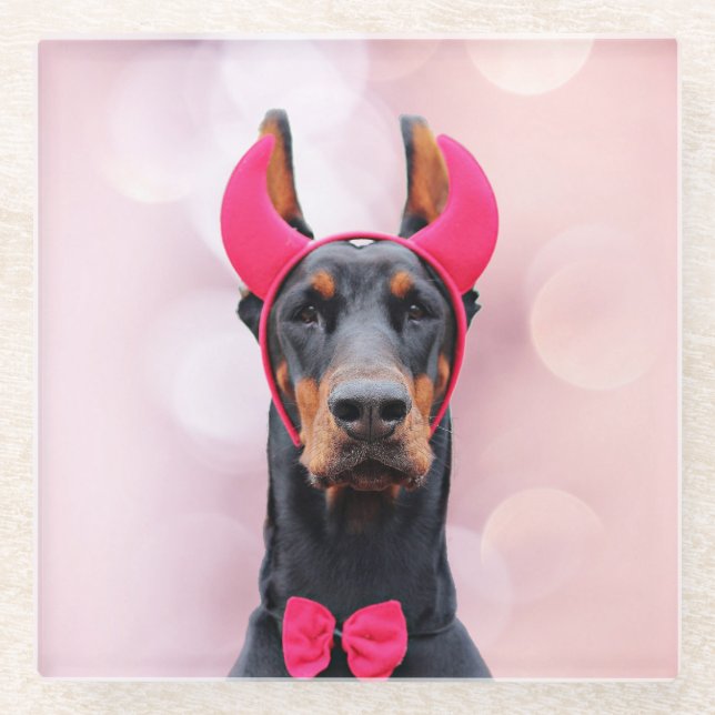 Doberman in Devil Costume Glass Coaster (Front)