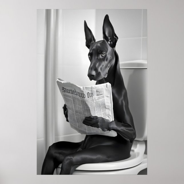 Doberman on Toilet, Newspaper, Funny Bathroom Art Poster (Front)