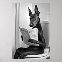 Doberman on Toilet, Newspaper, Funny Bathroom Art