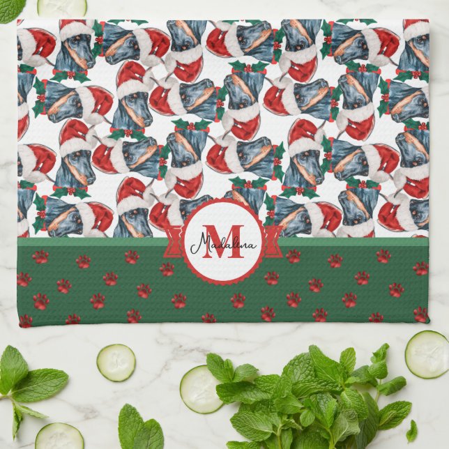 Doberman Pattern Monogram Christmas Dog Tea Towel (Folded)