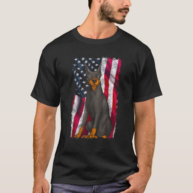 Doberman Pinscher American Flag 4th of July US Pat T-Shirt (Front)