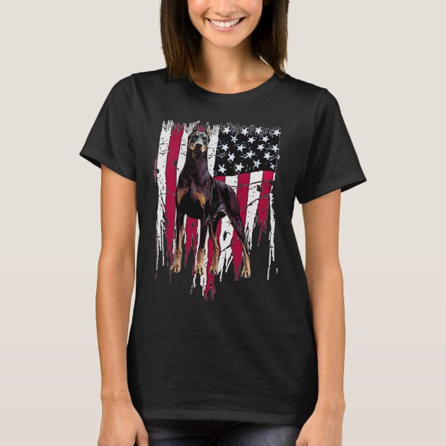 Doberman Pinscher American Flag Usa Awesome  T-Shirt (Front)