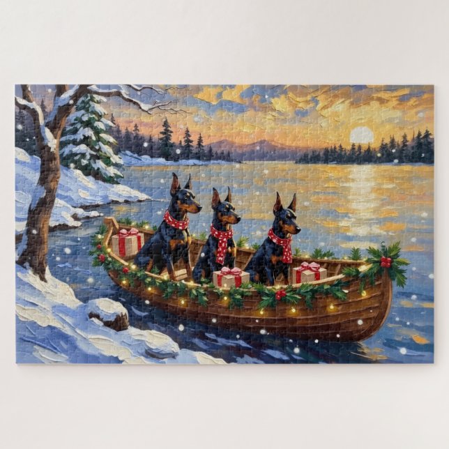 Doberman Pinscher Christmas Boat Holiday Jigsaw Puzzle (Horizontal)