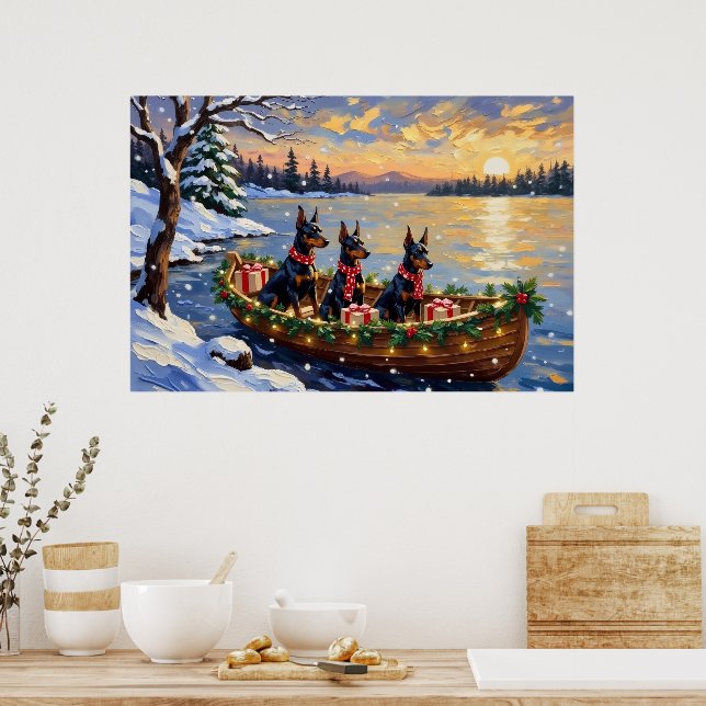 Doberman Pinscher Christmas Boat Holiday Poster (Kitchen)