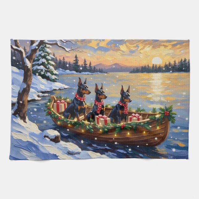 Doberman Pinscher Christmas Boat Holiday Tea Towel (Horizontal)
