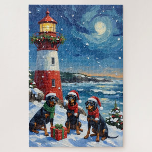 Doberman Pinscher Christmas Lighthouse Holiday Jigsaw Puzzle
