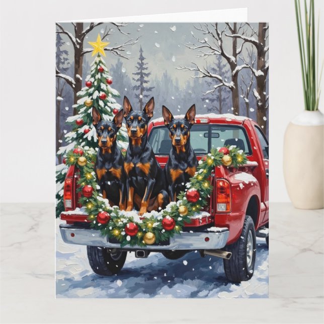 Doberman Pinscher Christmas Red Truck Holiday Card (Front)