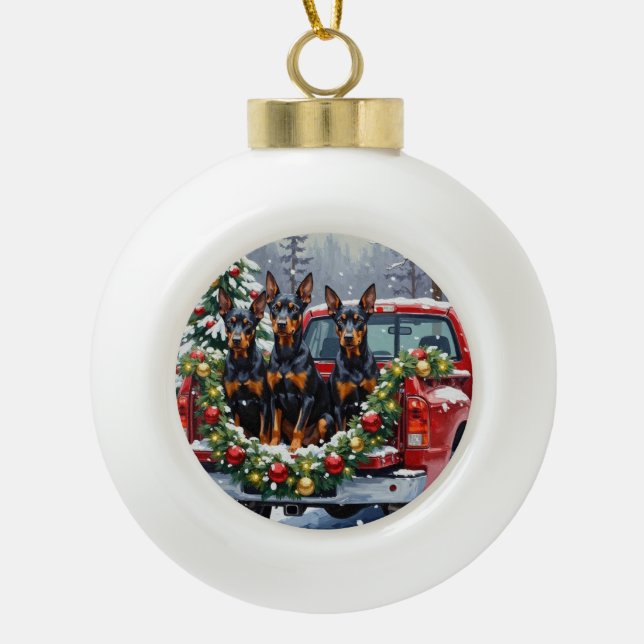 Doberman Pinscher Christmas Red Truck Holiday Ceramic Ball Christmas Ornament (Front)