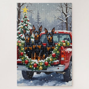 Doberman Pinscher Christmas Red Truck Holiday Jigsaw Puzzle