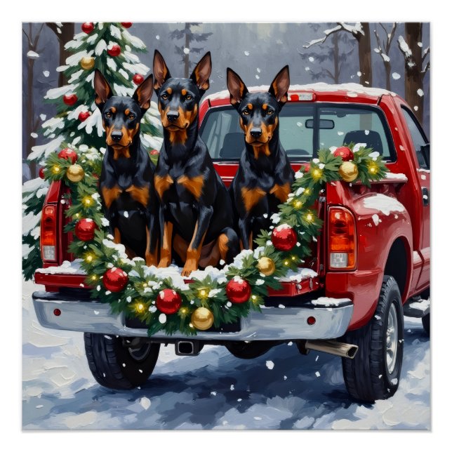 Doberman Pinscher Christmas Red Truck Holiday Poster (Front)