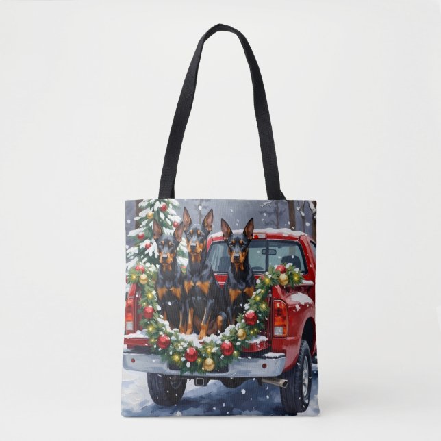 Doberman Pinscher Christmas Red Truck Holiday Tote Bag (Front)