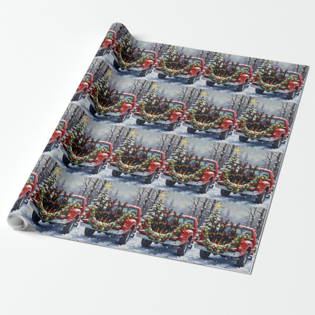 Doberman Pinscher Christmas Red Truck Holiday Wrapping Paper (Unrolled)