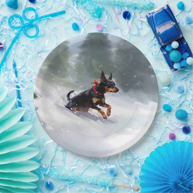Doberman Pinscher Christmas snow winter Paper Plate (Party)