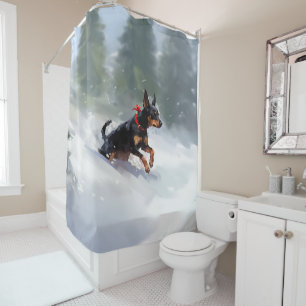 Doberman Pinscher Christmas snow winter Shower Curtain