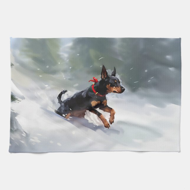 Doberman Pinscher Christmas snow winter Tea Towel (Horizontal)