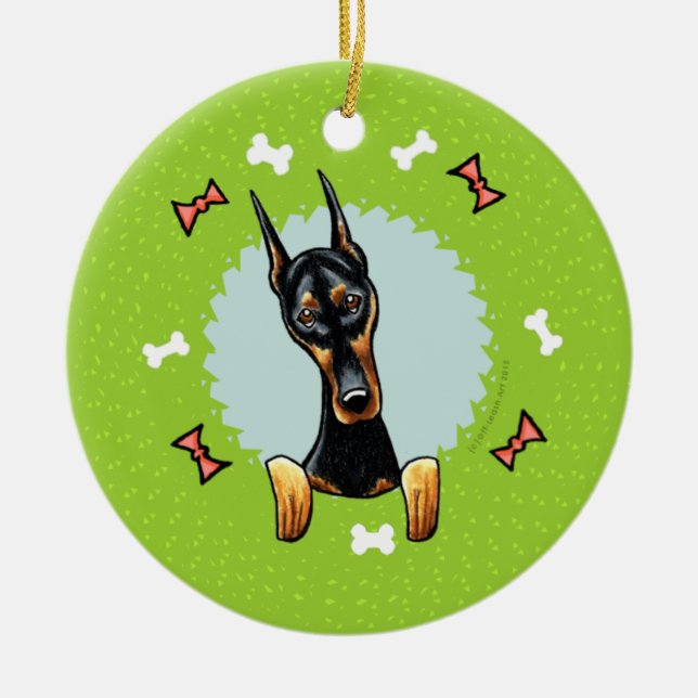 Doberman Pinscher Christmas Wreath Ceramic Tree Decoration (Front)