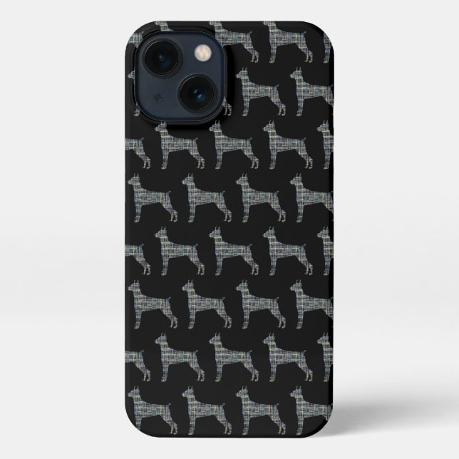 Doberman Pinscher Cute Dog Silhouette Grid Black iPhone Case (Back)