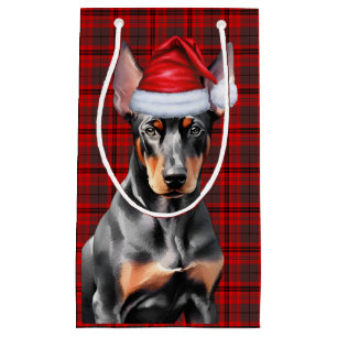 Doberman Pinscher Dog and Red Christmas Plaid Small Gift Bag