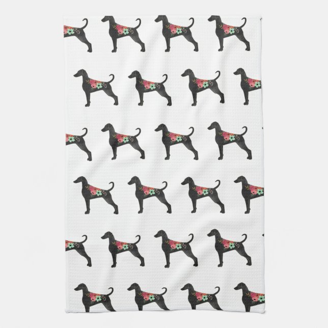 Doberman Pinscher Dog Breed Boho Floral Silhouette Tea Towel (Vertical)