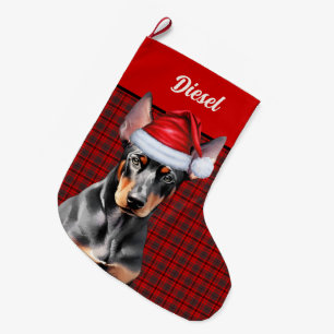 Doberman Pinscher Dog Holiday Plaid Personalised Large Christmas Stocking