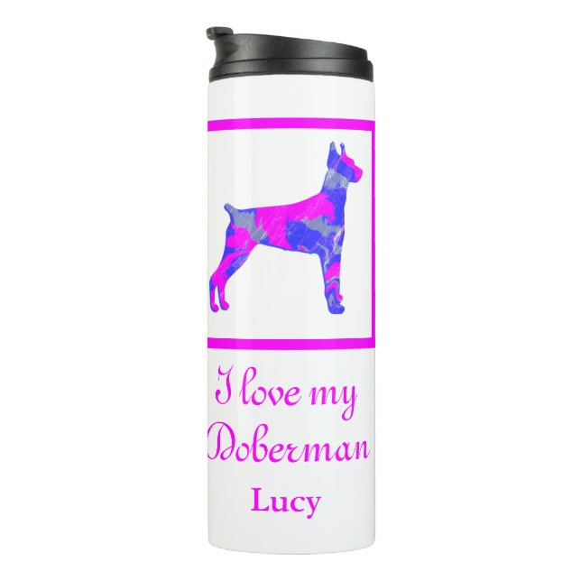 Doberman Pinscher Dog Hot Pink & Blue Silhouette Thermal Tumbler (Rotated Right)