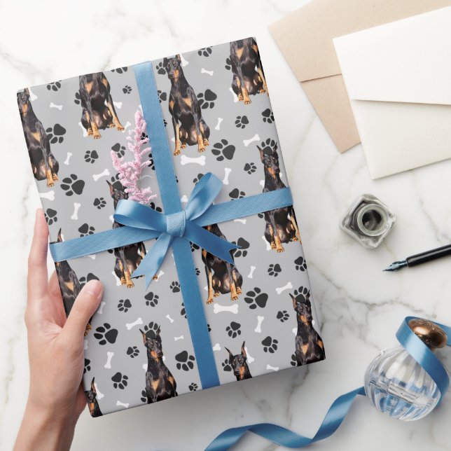 Doberman Pinscher Dog Paw Print Pattern Wrapping Paper (Gifting)
