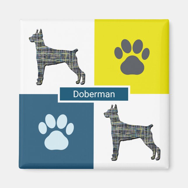 Doberman Pinscher Dog Silhouette & Paw Y&B Grid Magnet (Front)