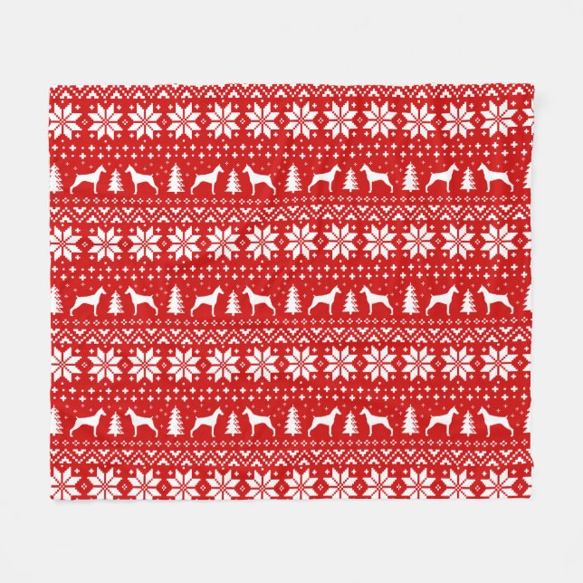 Doberman Pinscher Dog Silhouettes Christmas Red Fleece Blanket (Front (Horizontal))