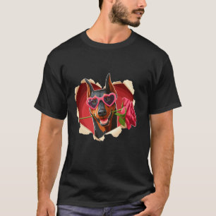 Doberman Pinscher Dog Sunglasses Rose Heart Valent T-Shirt