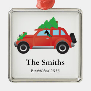 Doberman Pinscher driving car w/ Christmas tree Metal Tree Decoration