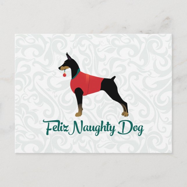 Doberman Pinscher Feliz Naughty Dog Christmas Holiday Postcard (Front)