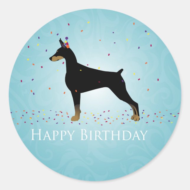 Doberman Pinscher Happy Birthday Design Classic Round Sticker (Front)