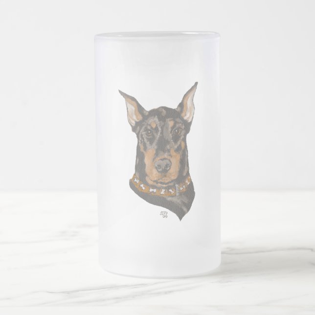 Doberman Pinscher Head Study Frosted Glass Beer Mug (Center)