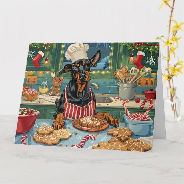 Doberman Pinscher Holiday Baking Festive Christmas Card (Yellow Flower)