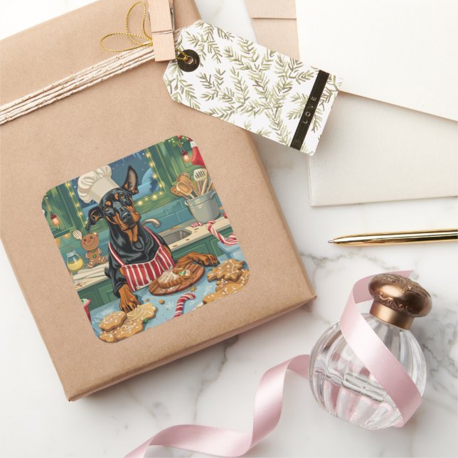 Doberman Pinscher Holiday Baking Festive Christmas Square Sticker (Gifting)