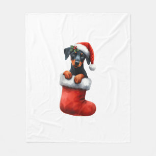 Doberman Pinscher In Sock Christmas Santa Hat Xmas Fleece Blanket