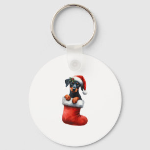 Doberman Pinscher In Sock Christmas Santa Hat Xmas Key Ring