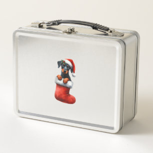 Doberman Pinscher In Sock Christmas Santa Hat Xmas Metal Lunch Box