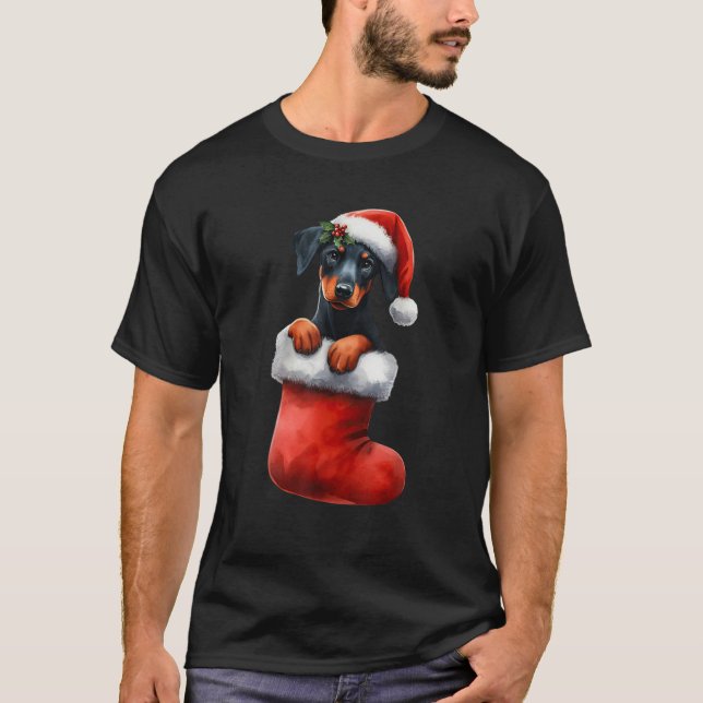 Doberman Pinscher In Sock Christmas Santa Hat Xmas T-Shirt (Front)
