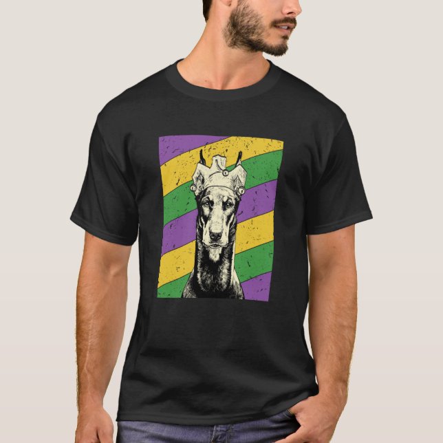 Doberman Pinscher Jester Mardi Gras Dog Mom or Dad T-Shirt (Front)