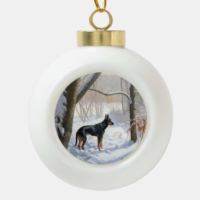 Doberman Pinscher Let It Snow Christmas Ceramic Ball Christmas Ornament (Front)