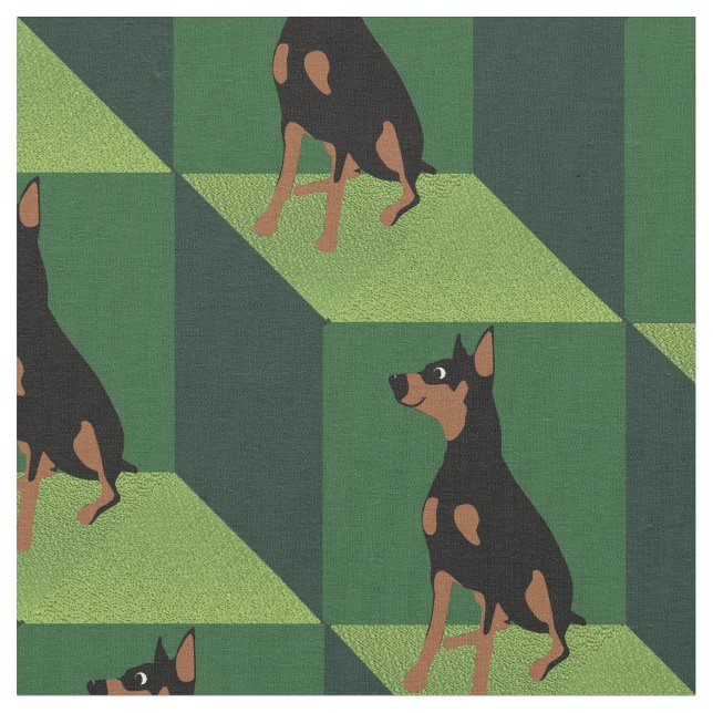 Doberman Pinscher on Green Cubes Fabric (Close Up)