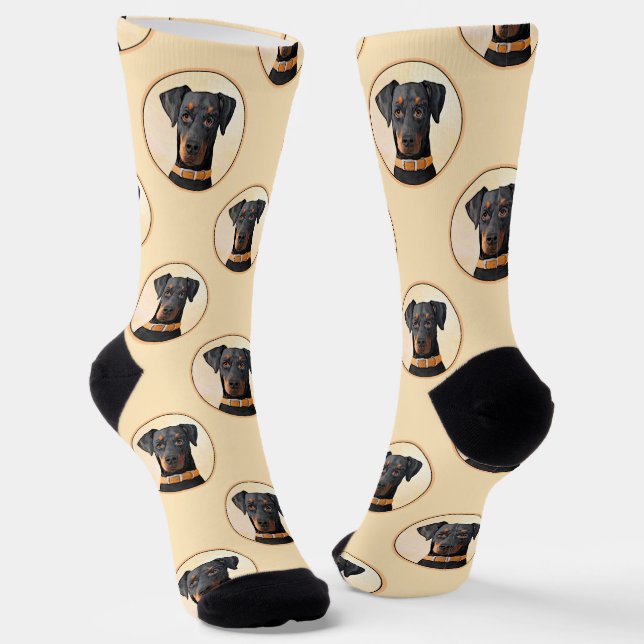 Doberman Pinscher Painting Dobie Uncropped Dog Art Socks (Angled)