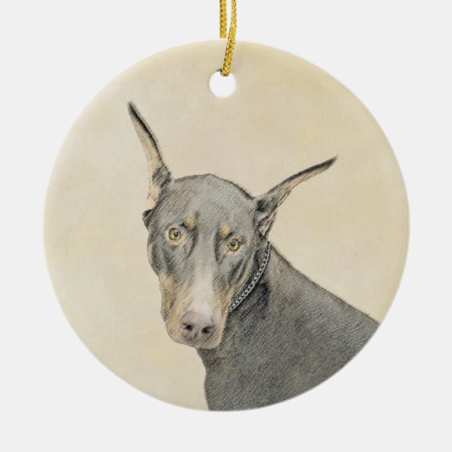 Doberman Pinscher Painting - Original Dog Art Ceramic Tree Decoration (Front)